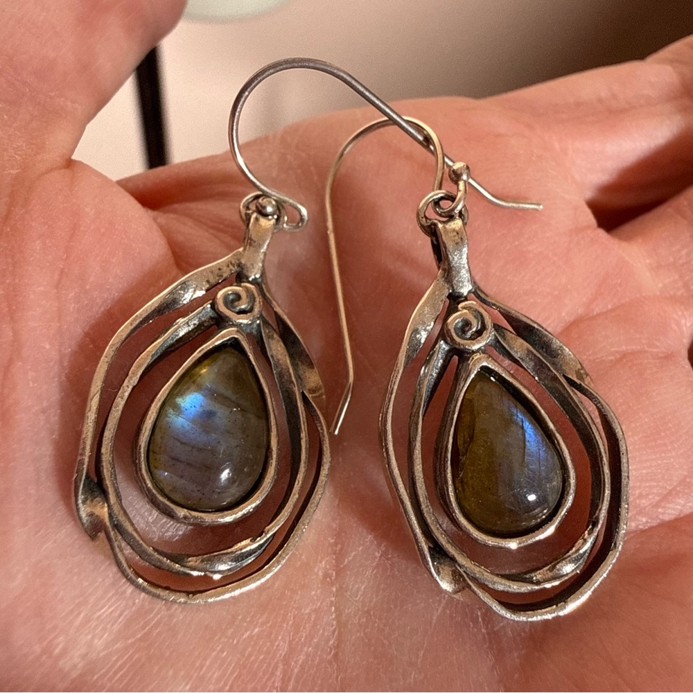 Vintage Sterling silver Israel labradorite brutalist modernist designer earrings - Picture 13 of 14